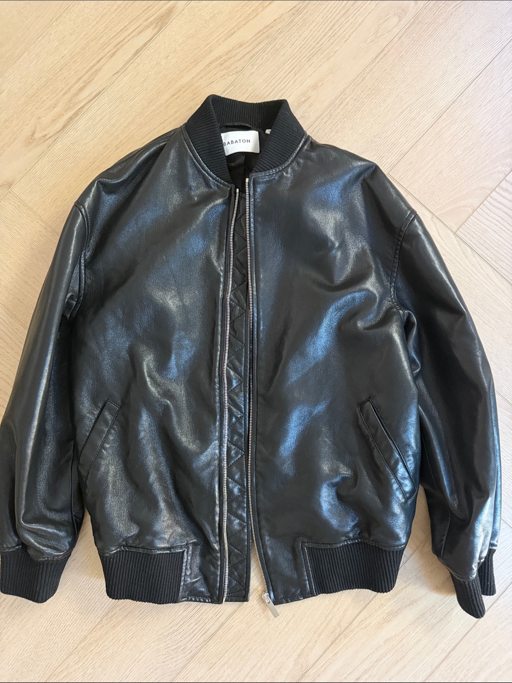 Babaton aritzia brand Black faux Leather Bomber Jacket with Ribbed Trim